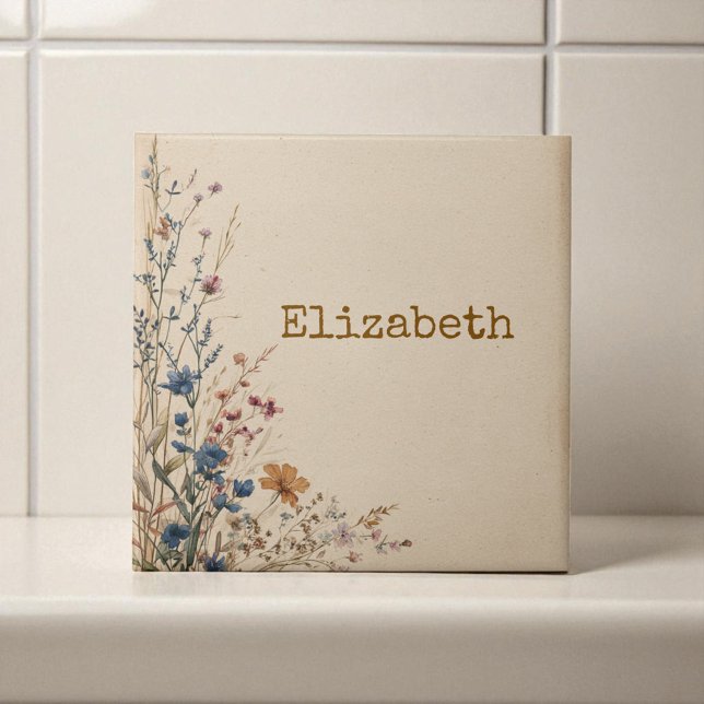 Beige Border Rustic Boho Wildblume Fliese (Beige Border Rustic Boho Wildflower Ceramic Tile)