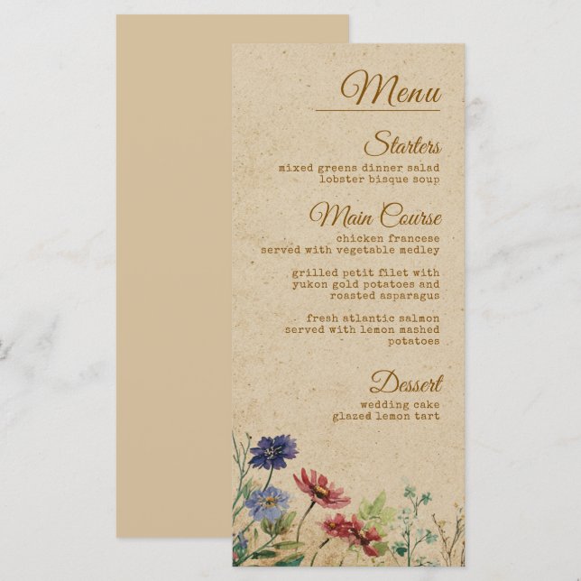 Beige Border Rustic Boho Wildblume Wedding Menükarte (Vorne/Hinten)