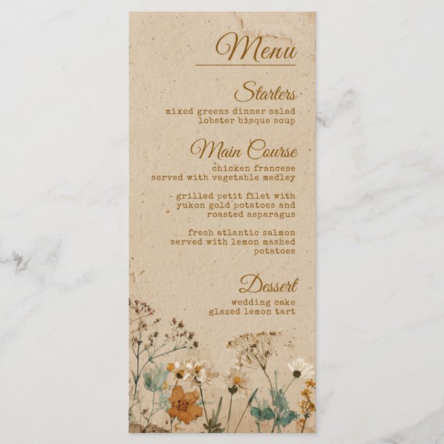 Beige Border Rustic Boho Wildblume Wedding Menükarte (Vorderseite)