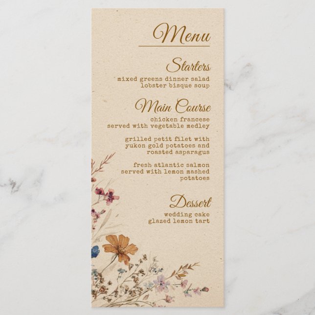 Beige Border Rustic Boho Wildblume Wedding Menükarte (Vorderseite)