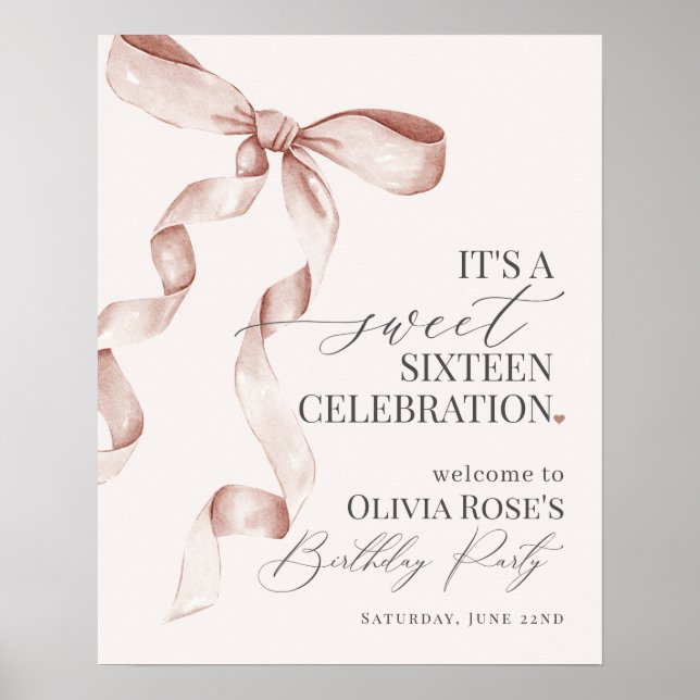 Beige Bow 16 . Geburtstag Geburtstag Begrüßungszei Poster (Vorne)