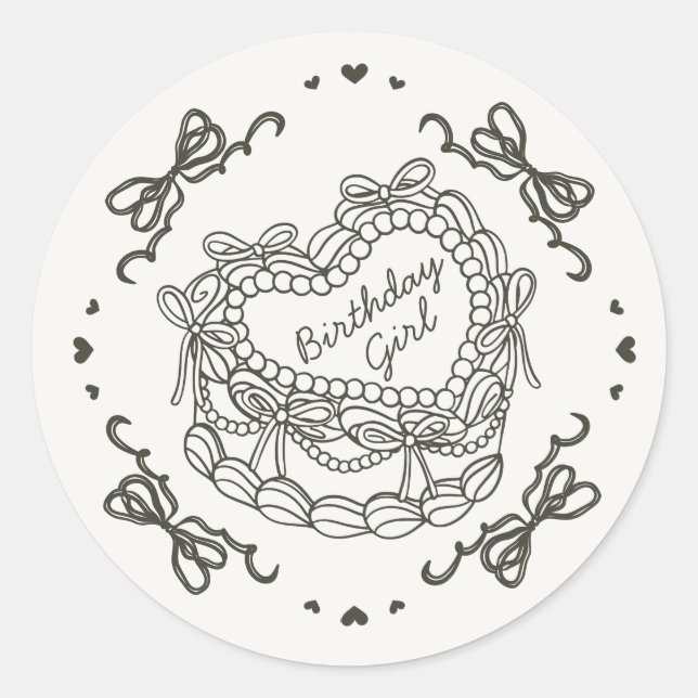 Beige Bow Retro Heart Coquette Cake Birthday Girl Runder Aufkleber (Vorderseite)
