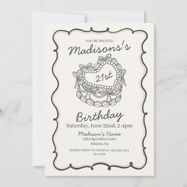 Beige Bow Retro Herz Coquette Kuchen 21. Geburtsta Einladung (Vorderseite)