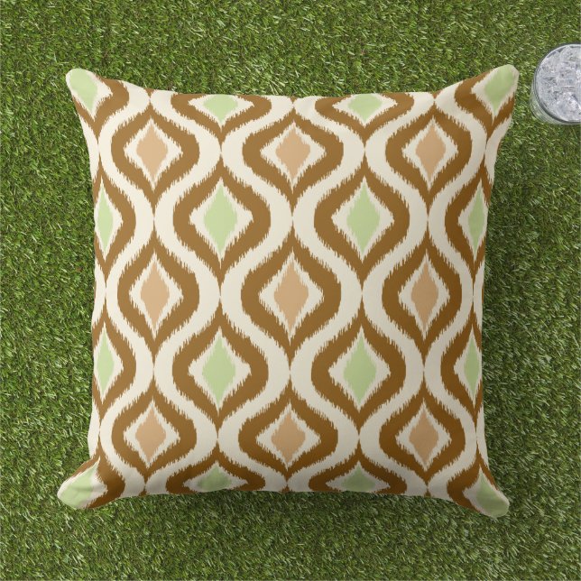 Beige braune grüne Retro-Chic Ikat Droptern Muster Kissen (Gras)