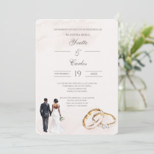 Beige Braut und Bräutigam mit Ring Spanische Hochz Einladung
