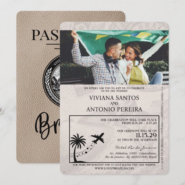 Beige Brazil Passport Wedding Einladung (Vorne/Hinten)