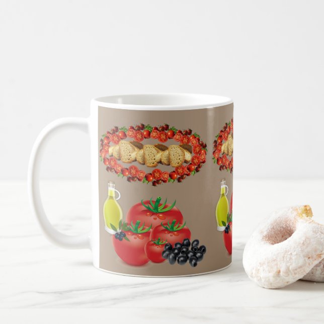 Beige Brot, Olivenöl, Oliven, Tomaten-Tasse Kaffeetasse (Mit Donut)