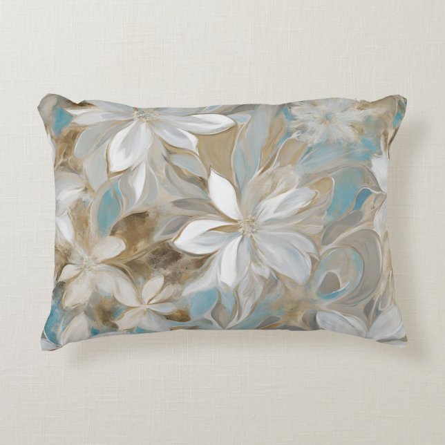 Beige Brown Aquamarin Blue Floral Dekokissen (Vorderseite)