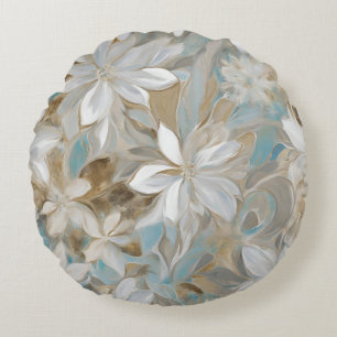 Beige Brown Aquamarin Blue Floral Rundes Kissen