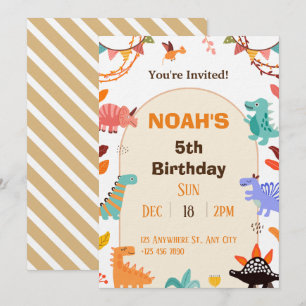 Beige Brown Cute Dinosaur Carte d'invitation Anniv