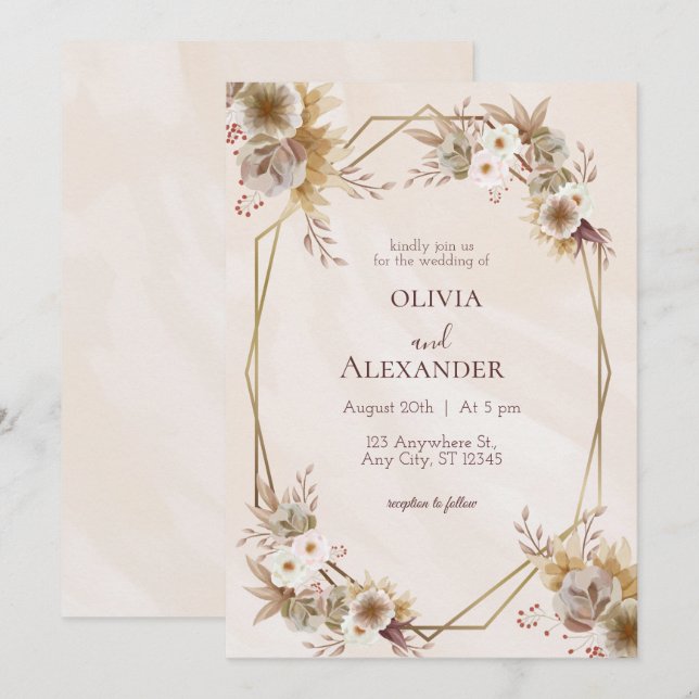 Beige Brown Einladung zur Hochzeit mit Blumen (Vorne/Hinten)