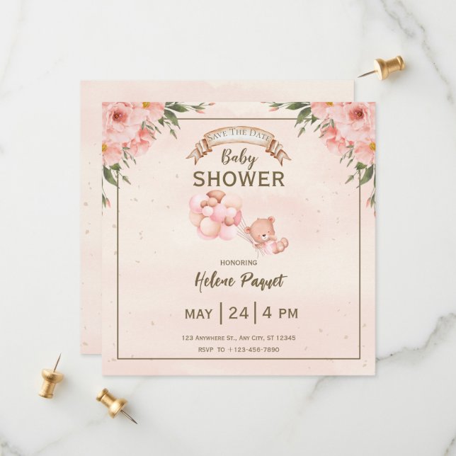 Beige Brown Floral Baby Dusche Save the Date (Vorderseite/Rückseite Beispiel)