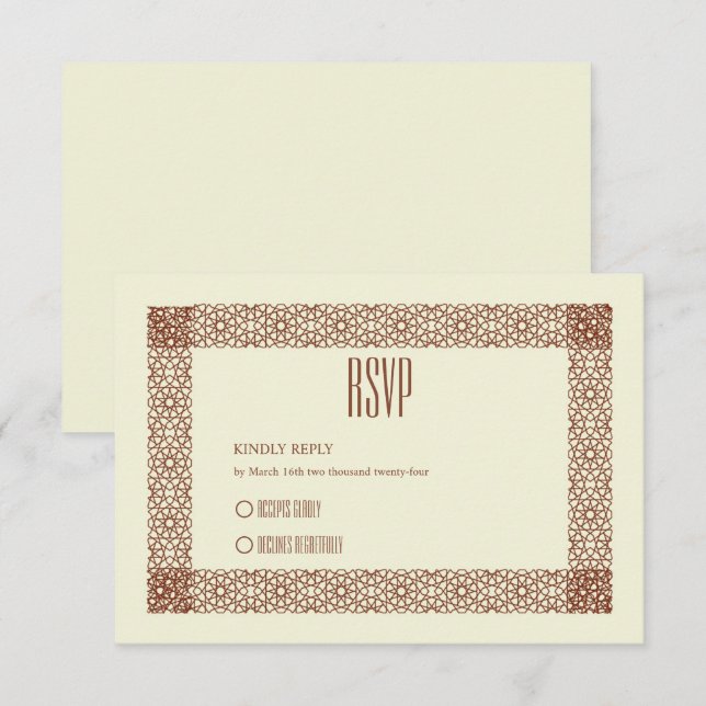 Beige Brown Islamic Geometric Two Border Wedding RSVP Karte (Vorne/Hinten)