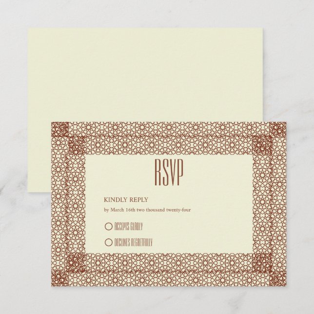 Beige Brown Islamic Geometric Two Border Wedding RSVP Karte (Vorne/Hinten)