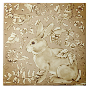 Beige Brown Ivory Bunny Rabbit Bird Floral Leaf Fliese