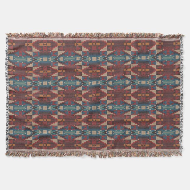 Beige Brown Maroon Red Dark Aquamarin Blue Tribal  Decke (Vorderseite)