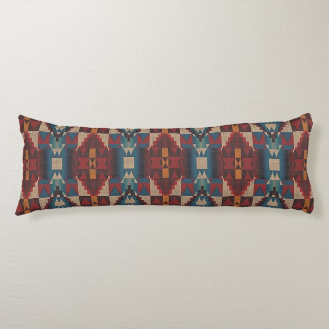Beige Brown Maroon Red Dark Aquamarin Blue Tribal  Seitenschläferkissen (Vorderseite)