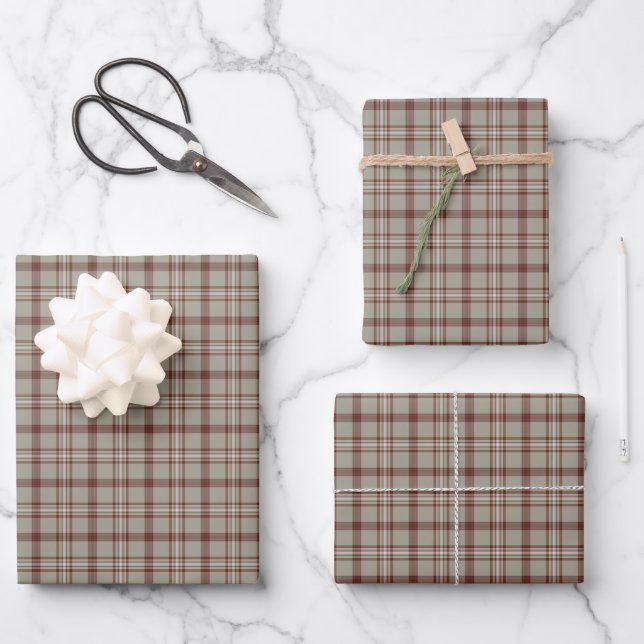 Beige Brown Plaid Classic Pattern Rustic Geschenkpapier Set (Vorderseite)