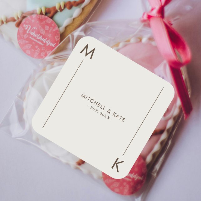 Beige Brown Simple Line Monogram Wedding Quadratischer Aufkleber (Beige Brown Simple Line Monogram Wedding Square Sticker)