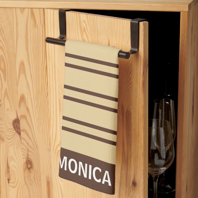  Beige &Brown Stripes Pattern monogram Name Geschirrtuch (Drittel gefaltet)