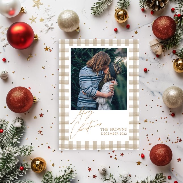 Beige Buffalo Plaid with Photo Christmas Card Einladung (Von Creator hochgeladen)