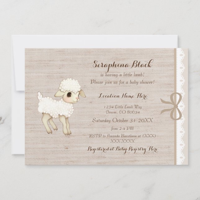 Beige Burlap Baby Sheep Little Lamb Baby Dusche Einladung (Vorderseite)