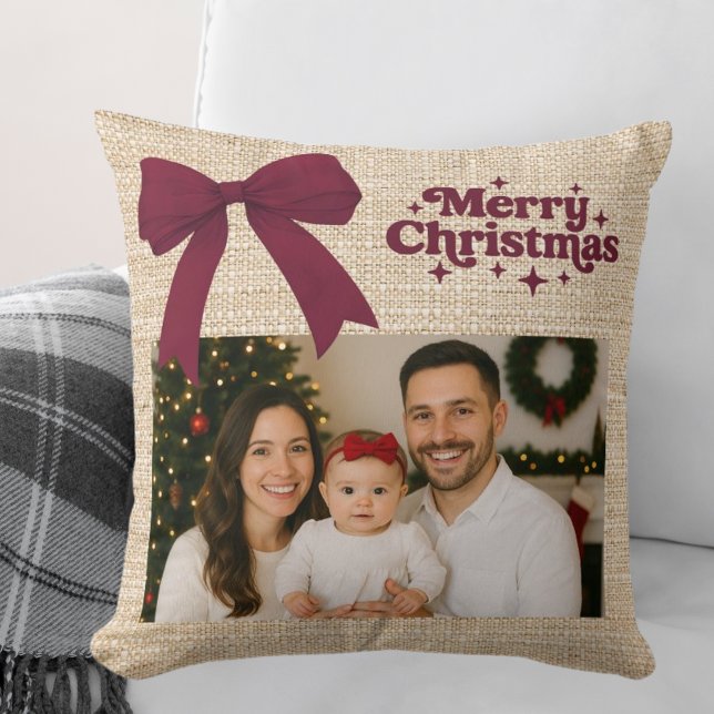 Beige Burlap-Foto bordeauxfarben Weihnachten Kissen (Von Creator hochgeladen)