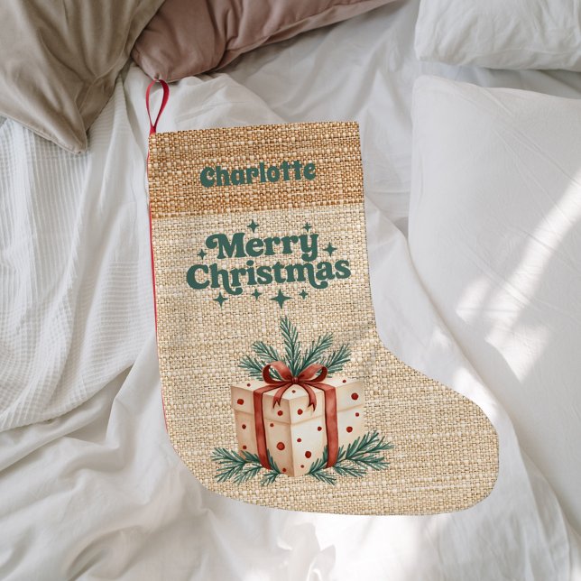 Beige Burlap Geschenkboxen Retro Frohe Weihnachten Kleiner Weihnachtsstrumpf (Von Creator hochgeladen)