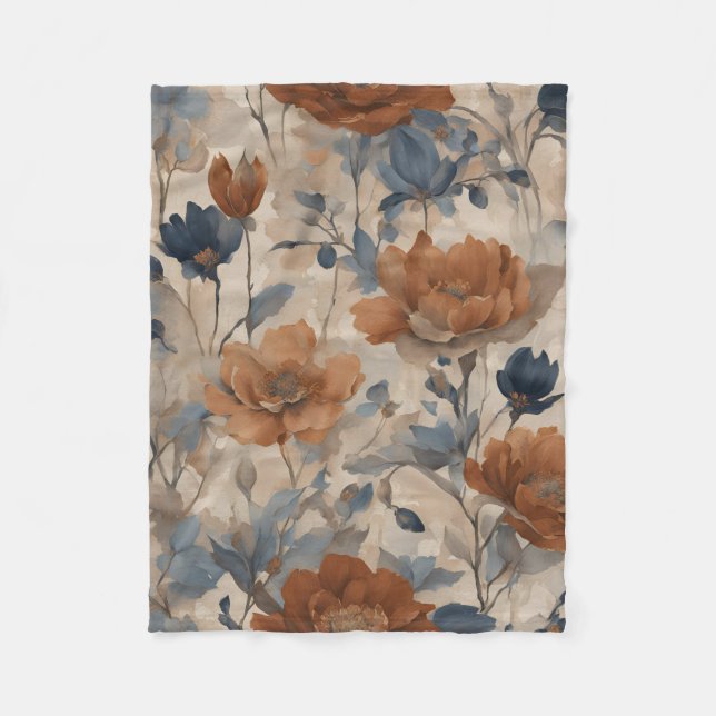 Beige Burnt Orange Dusty Navy Blue Floral Fleecedecke (Vorderseite)