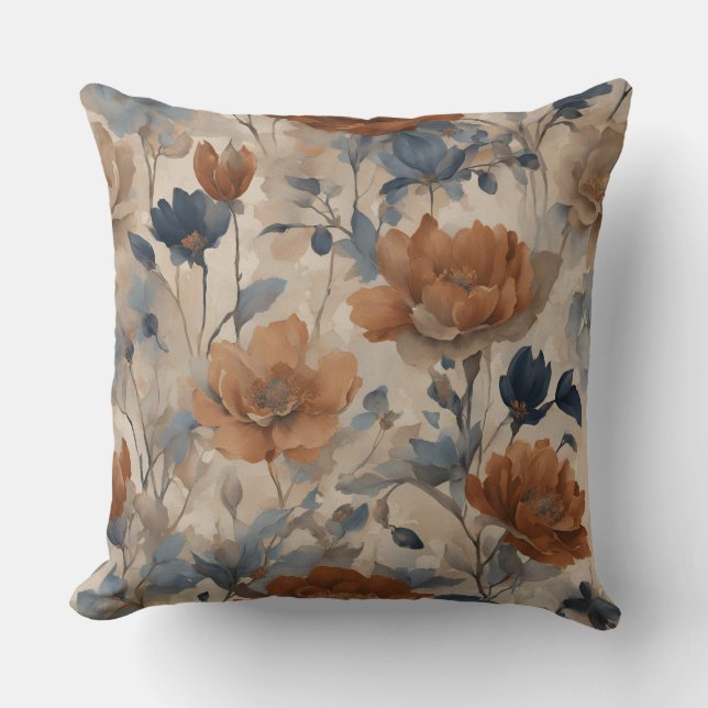 Beige Burnt Orange Dusty Navy Blue Floral Kissen (Vorderseite)