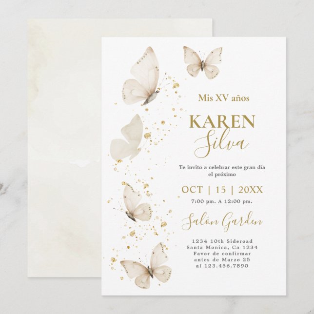 Beige Butterfly Quinceañera Einladung (Vorne/Hinten)