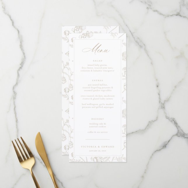 Beige Chinoiserie Floral Wedding Menükarte (Vorderseite/Rückseite Beispiel)