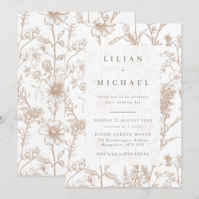 Beige Chinoiserie Wildblume Hochzeit Einladung (Vorne/Hinten)