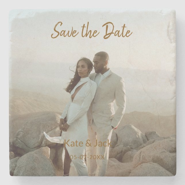 BEIGE CLASSIC ELEGANT COUPLE ADD QR SAVE THE DATE STEINUNTERSETZER (Vorderseite)