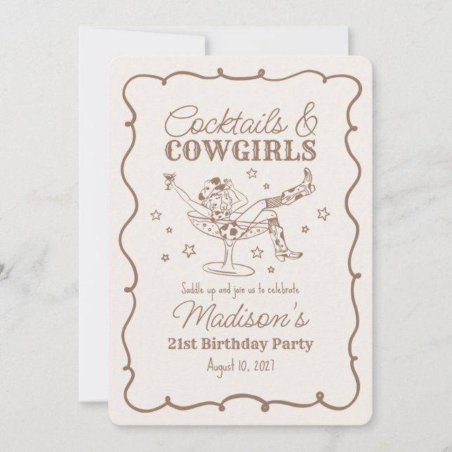 Beige Cocktails und Cowgirls Nash Bash Birthday Einladung (Vorderseite)