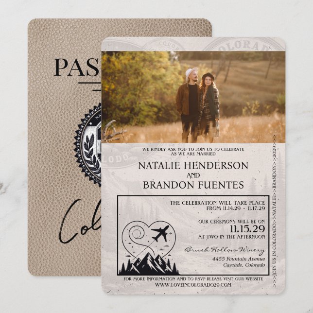 Beige Colorado Passport Wedding Einladung (Vorne/Hinten)