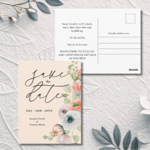 Beige Coral Floral Wedding Speichern Sie das Datum Postkarte