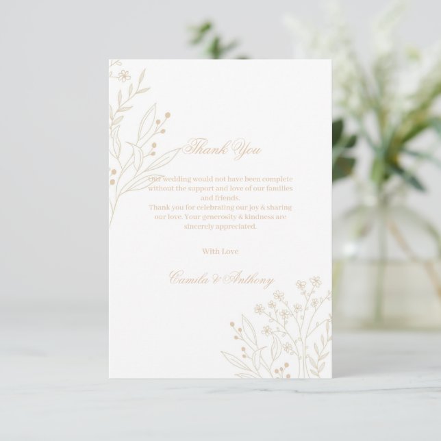 Beige Corner Floral Boho Wedding Dankeskarte (Stehend Vorderseite)