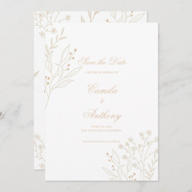 Beige Corner Floral Boho Wedding Einladung (Vorne/Hinten)