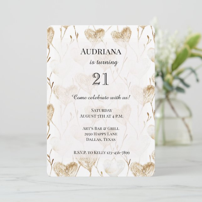 Beige Cream Brown White Hearts Boho Birthday Einladung (Stehend Vorderseite)