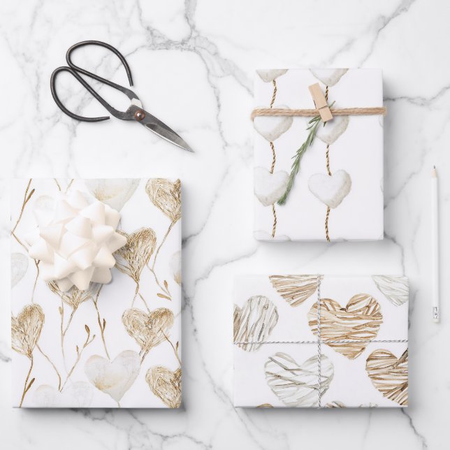 Beige Cream Brown White Hearts Boho Birthday Geschenkpapier Set (Vorderseite)
