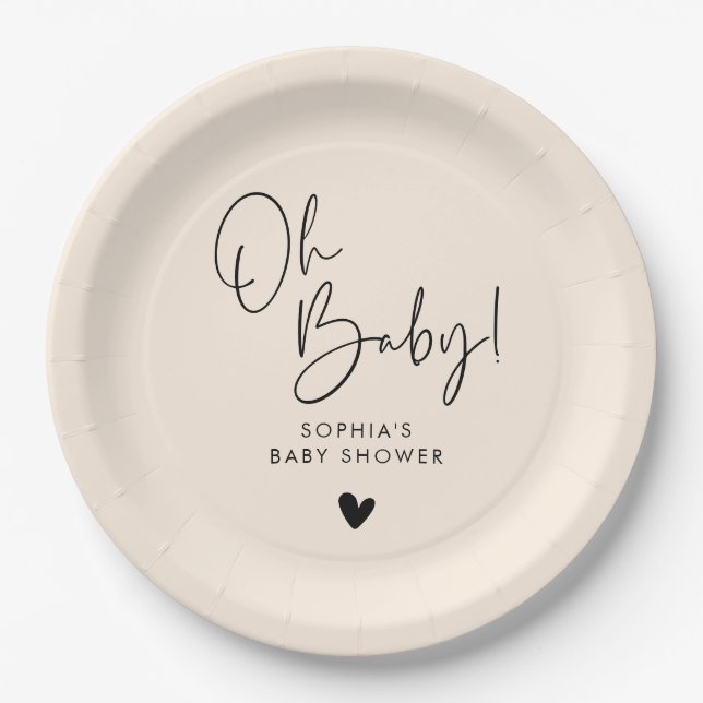 Beige Cream Oh Baby Modern Boho Babydusche Pappteller (Vorderseite)