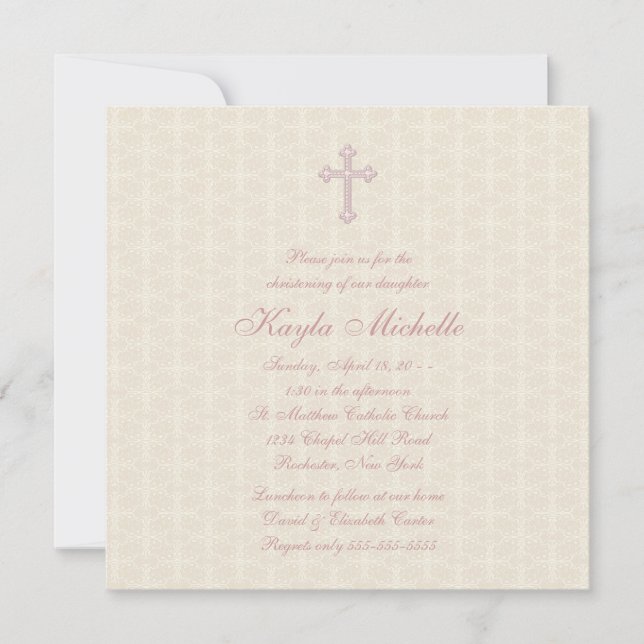 Beige Damask Pink Baby Christening Einladung (Vorderseite)