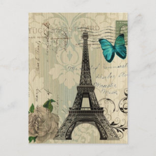 beige Damast-Schmetterlingsrose Paris Eiffelturm Postkarte