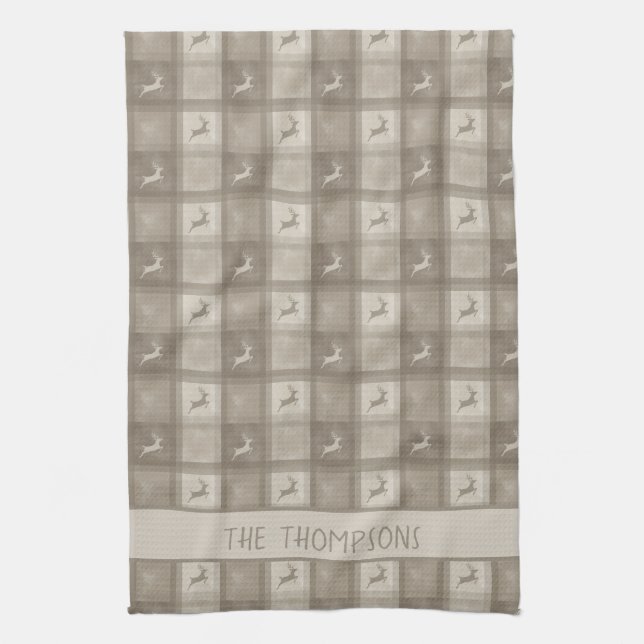 Beige Deer Plaid With Custom Family Name Christmas Geschirrtuch (Vertikal)