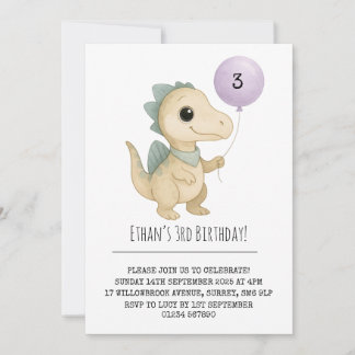 Beige Dino with Blue Spikes and Balloon Birthday Einladung