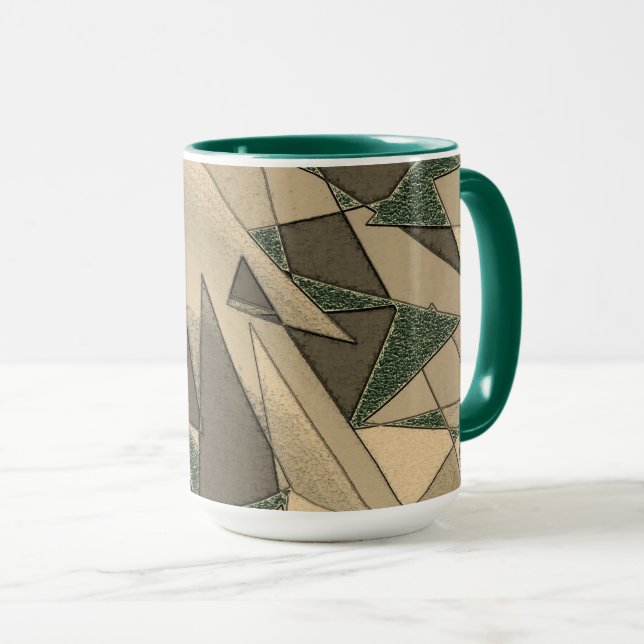 Beige dreieckige Ausschnitt auf dunkelgrünem Hinte Tasse (VorderseiteRechts)