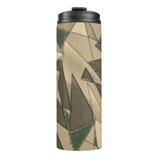Beige dreieckige Ausschnitt auf dunkelgrünem Hinte Thermosbecher (Vorderseite)