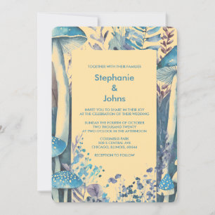 Beige Dusty Blue Art Woodland Pilz Hochzeit Einladung