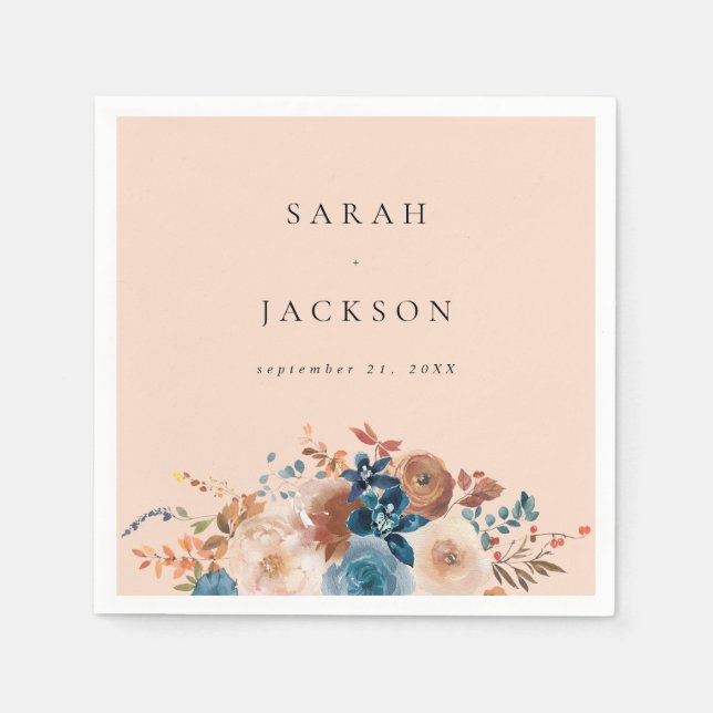 Beige & Dusty Blue Floral Name Napkins V2 - Beige Serviette (Vorderseite)